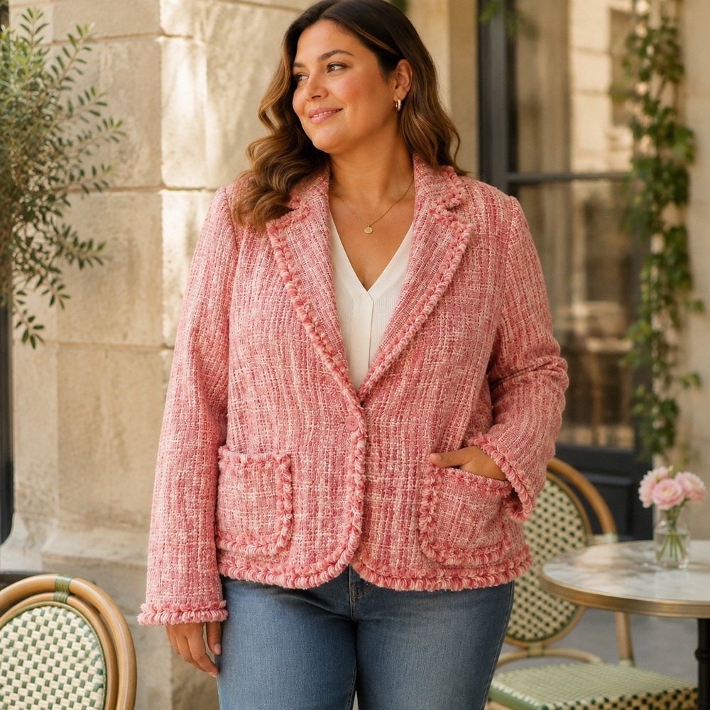 Style & Co Pink Tweed Blazer Size 18 Fringe Trim Lined Pockets Preppy